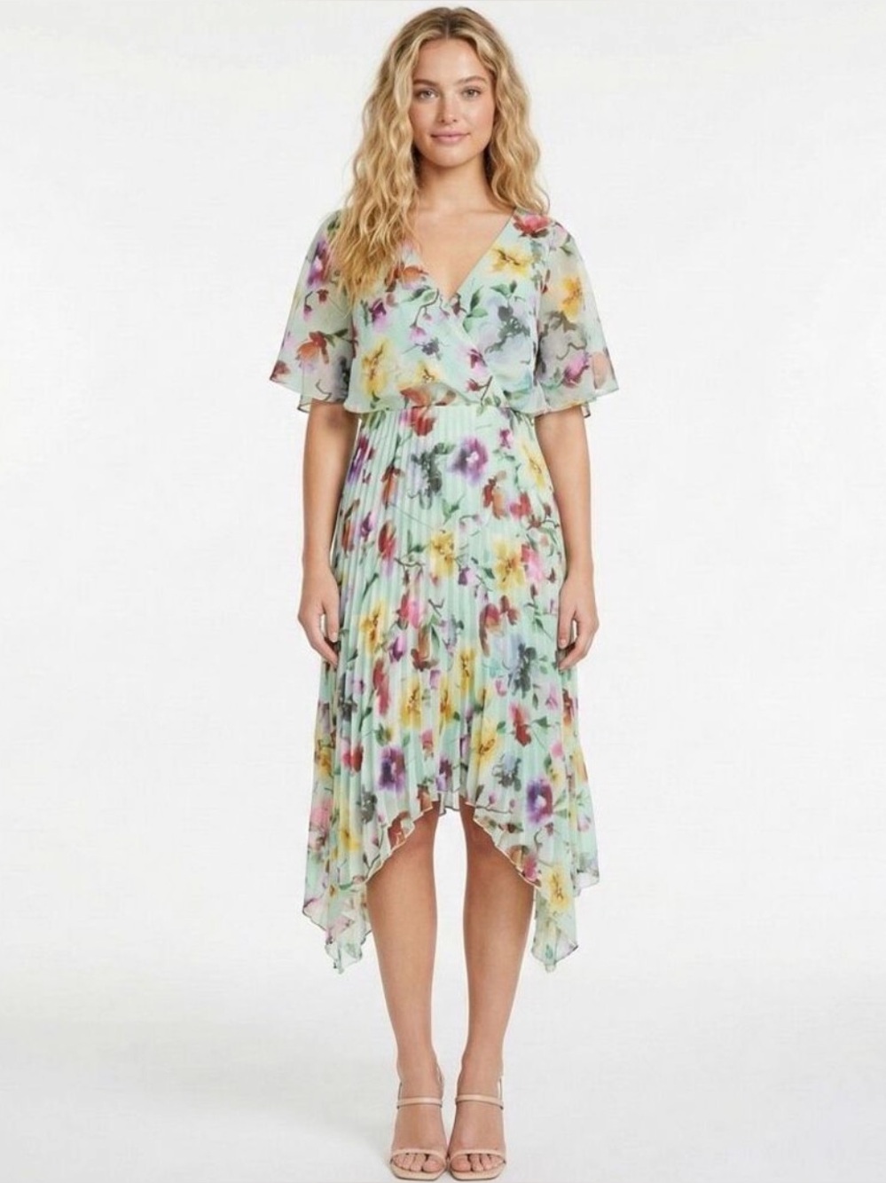 Kensie Floral Pleated Chiffon V Neck Dress - Mint Floral